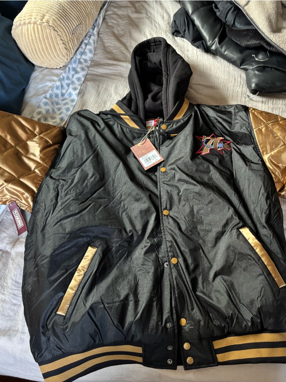76ers Nostalgic Black and Gold Bomber Jacket
